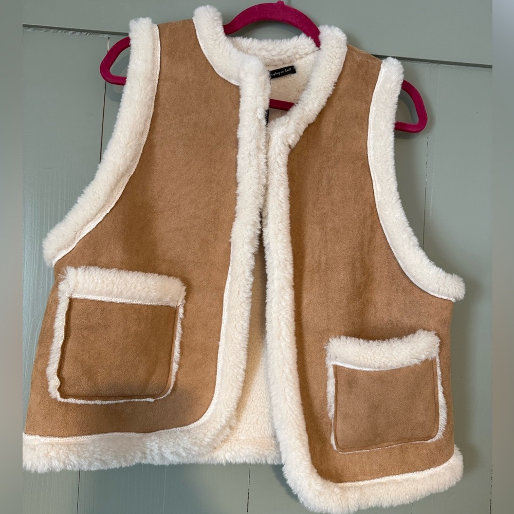 Tan and Cream Faux Suede Sherpa Lined Vest